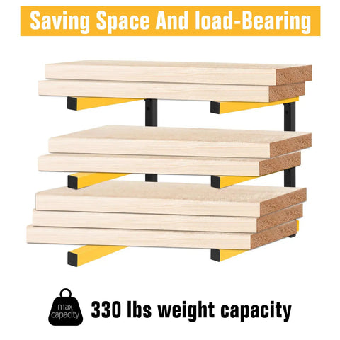 Heavy Duty Wall Mount Lumber Rack With Three Level Folding Wood Storage Organizer For Garage Or Shop, three-tier rack with 330 lbs capacity.