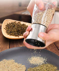 Using Salt And Pepper Grinder Set With Wooden Standing Tray Refillable Pepper Mill Set In Brushed Stainless Steel Short Glass Shakers