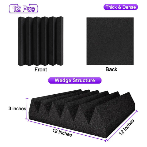 Thick Acoustic Foam Panels Knock Out Room Echoes With Badass Sound Absorption Ideal For Recording Studios And Bass Rooms, 12x12x3 inch wedge design.