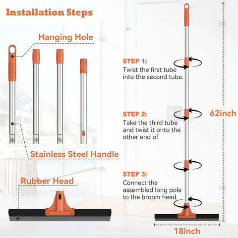 Installation steps for All Purpose 18 Inch Heavy Duty Floor Squeegee With Wear Resistant Rubber Blade And 62 Inch Long Stainless Steel Handle