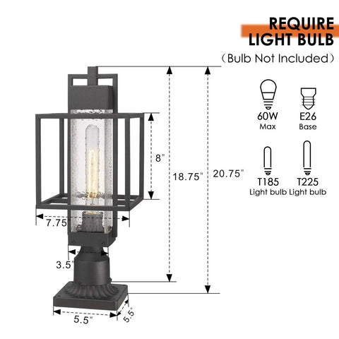 Dope Outdoor Post Light Fixture 1 Light Exterior Post Lantern With Pier Mount Base Black Finish Bubble Glass Shade Weatherproof shown with dimensions