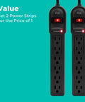 Two Pack Six Outlet Surge Protector Power Strips With Four Foot Cord 900 Joules Overload Protection Lighted Switch Black