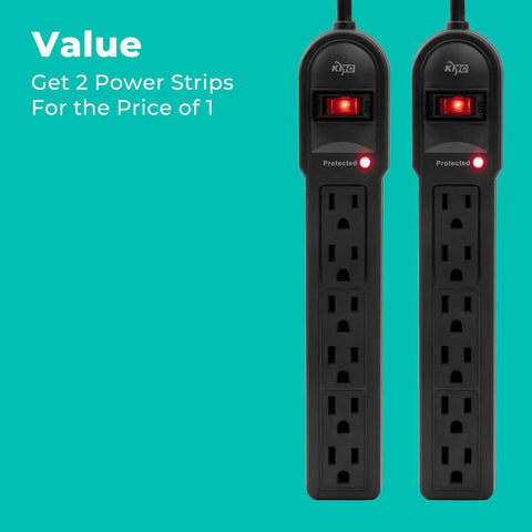 Two Pack Six Outlet Surge Protector Power Strips With Four Foot Cord 900 Joules Overload Protection Lighted Switch Black