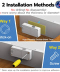 Hidden No Drill Adhesive Magnetic Cabinet Lock installation methods showing stick-on tape and screw options for baby proofing.