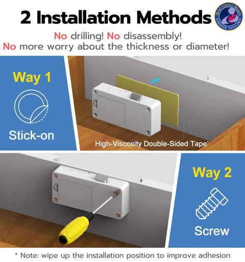 Hidden No Drill Adhesive Magnetic Cabinet Lock installation methods showing stick-on tape and screw options for baby proofing.