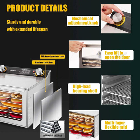 Heavy Duty Stainless Steel Beef Jerky Maker And Electric Food Dehydrator With Smart Digital Timer showing mechanical knobs and stainless steel design.
