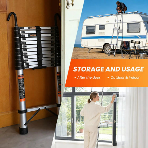 Heavy Duty Telescoping Ladder Sixteen And A Half Foot Extension With Hooks, Collapsible Three Hundred Thirty Pound Max Capacity