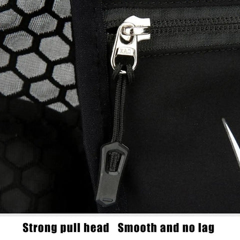 Close-up of waterproof zipper on Hydration Vest For Runners Water Pack with Built In Reservoir Lightweight Hydration Backpack Pouch