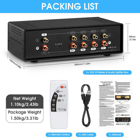Packing list image of Dual VU Meter Microphone And Line Level Analog Sound Level Indicator, 4 Way Audio Switcher Box For Speaker Amplifier Preamp, Blue Version For Home Studio Setup, 280x122x80mm