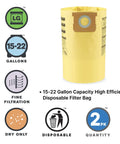 High Efficiency Disposable Filter Bags For 15-22 Gallon Tanks White 2-Pack with filtration and disposal icons displayed