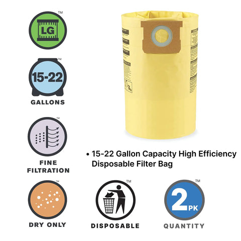High Efficiency Disposable Filter Bags For 15-22 Gallon Tanks White 2-Pack with filtration and disposal icons displayed