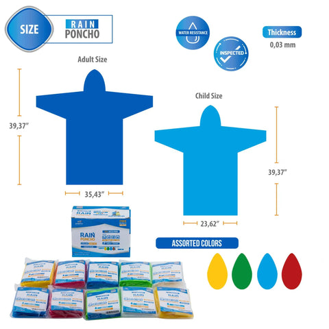 Size chart for Extra Thick Rain Ponchos Family Pack With Shoe Covers Included 10 Pack For Rainy Days And Outdoor Adventures Keeps You Dry And Shoes Clean With Anti Slip Elastic Closure No Sweat