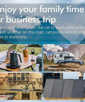 Images of a camping setup with kettle, RV, garage, and solar panels promoting Powerful 500W Continuous Pure Sine Wave Car Inverter 24V DC.