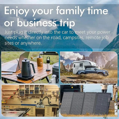 Images of a camping setup with kettle, RV, garage, and solar panels promoting Powerful 500W Continuous Pure Sine Wave Car Inverter 24V DC.