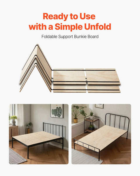 Twin Size Foldable Bunkie Board 35X71 Heavy Duty Wooden Bed Slat Foundation positioned on a metal bed frame for mattress support.