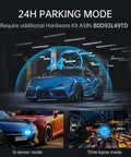 Car under protection of 4K Rear View Mirror Dash Cam With 10 Inch Screen, Front And Rear Cameras, 1080P Backup Camera, Voice Control, 24H Parking Mode, Night Vision, 32GB SD Card Included, Crystal Clear Driving Recorder For Safe Travel, showing 24H mode, G-sensor and time-lapse features.