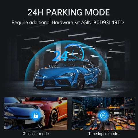 Car under protection of 4K Rear View Mirror Dash Cam With 10 Inch Screen, Front And Rear Cameras, 1080P Backup Camera, Voice Control, 24H Parking Mode, Night Vision, 32GB SD Card Included, Crystal Clear Driving Recorder For Safe Travel, showing 24H mode, G-sensor and time-lapse features.