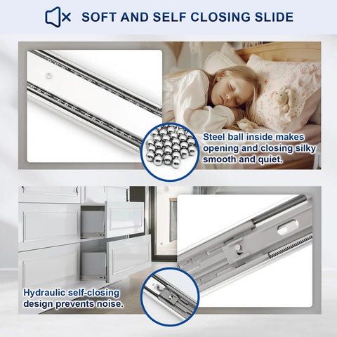 Beefy 22 Inch Soft Close Drawer Slides With Ball Bearing Full Extension for kitchen upgrades, showing side mount and durable steel