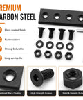 Premium Carbon Steel heavy duty sliding barn door track connector hardware with screws and nuts, rust-resistant black finish.