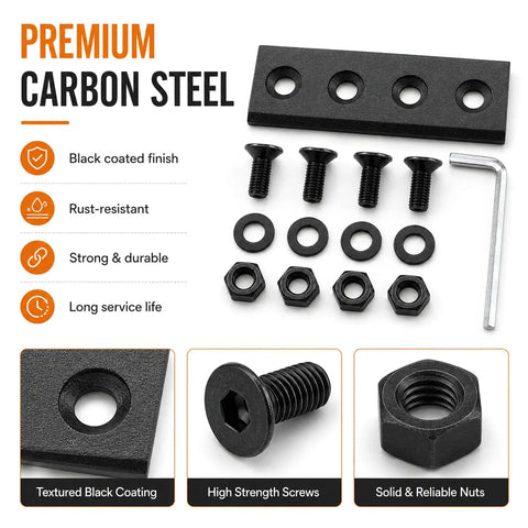 Premium Carbon Steel heavy duty sliding barn door track connector hardware with screws and nuts, rust-resistant black finish.