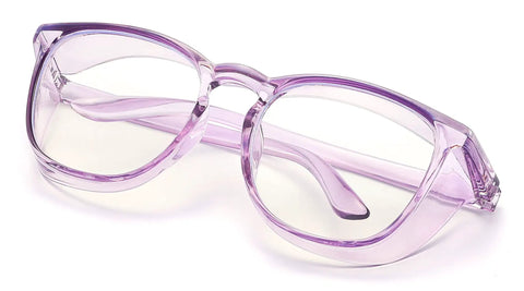 Slick Anti Fog Safety Goggles With Clear Polycarbonate Lenses And Blue Light Blocking Coating That Shields Your Vision From Digital Strain Without The Hassle For Men And Women In Sleek Transparent Purple, side view.