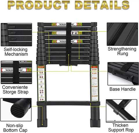 Beefy Aluminum Telescoping Ladder 20.3 Ft With Non Slip Feet For Indoor Outdoor Use Portable Extension Ladder For Housework And Outdoor Projects 330 Lb Capacity Black folded with self-locking mechanism and non-slip feet