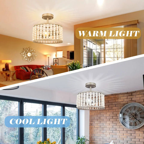 Boho Farmhouse 2 Light Wood Beaded Semi Flush Mount Ceiling Light in Deep Oak used in warm and cool light settings in rooms