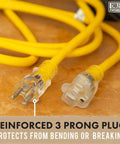 Close-up of 75 Ft Heavy Duty Outdoor Extension Cord 10 AWG Waterproof Yellow SJTW Power Cable with reinforced 3 prong plug.