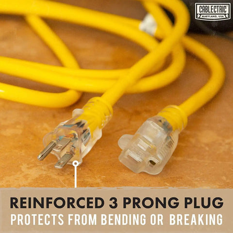 Close-up of 75 Ft Heavy Duty Outdoor Extension Cord 10 AWG Waterproof Yellow SJTW Power Cable with reinforced 3 prong plug.