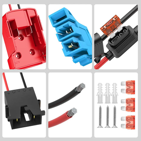 Components of 18V Battery Conversion Adapter For Electric Toy Cars With 12AWG Wiring Harness And Three 40A Fuses High Power