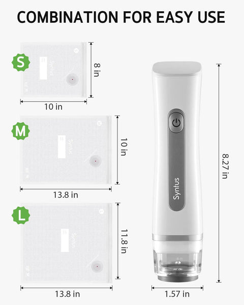 All In One Food Vacuum Sealer Kit With 30 Reusable Bags In Small Medium And Large sizes, USB C Handheld Sealer shown with measurements