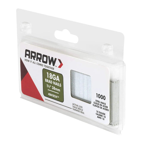 Top Shelf One And A Half Inch Eighteen Gauge Brad Nails In A Full Thousand Count Steel Pin Pack packaging with brads.