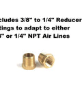 Three-Eighths Inch Air Filter Regulator Combo brass reducer fittings for pneumatic lines with 3/8 or 1/4 NPT adaptation.