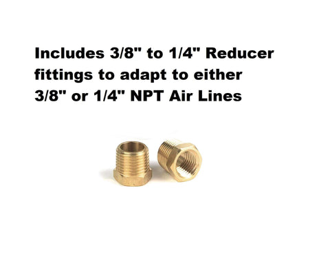 Three-Eighths Inch Air Filter Regulator Combo brass reducer fittings for pneumatic lines with 3/8 or 1/4 NPT adaptation.