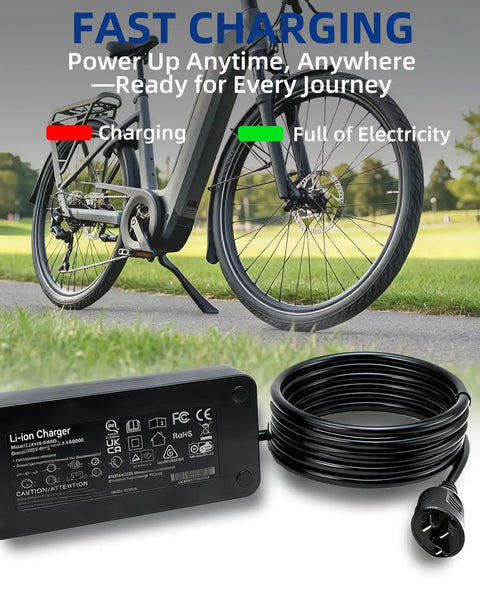 Fast 42V 2A Smart Charger For Bosch E Bike Batteries 36V Lithium Compatible With Performance Line Active Line CX Models Compact Design SGS Certified For Reliable Fast Home Charging shown with e-bike