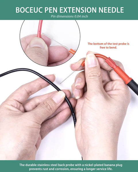Hands holding Flexible Back Probe Kit With Ultra Thin 1mm Steel Needles For Tight Car Wiring Access, showing probe use.