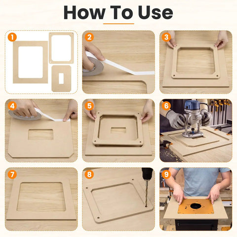Step-by-step guide showing No Sweat Router Table Insert Plate Template Kit With Solid Density Board Quickset Threaded Inserts.