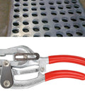 Hand Held Hole Punch Kit For Steel And Metal With Adjustable Depth Pliers, Versatile DIY Punch Tool, includes punched sheet example.