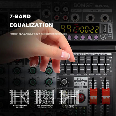 Hand adjusting EQ sliders on 6 Channel DJ Audio Mixer With 99 DSP Effects And 7 Band EQ Gig Ready Independent 48V Phantom Power Bluetooth