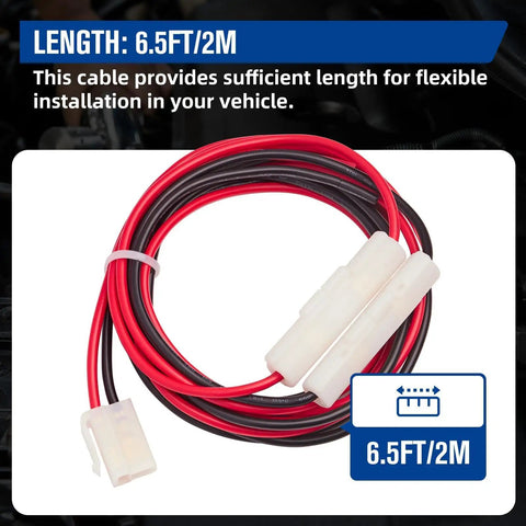 T-Shape DC Car Power Cable With Beefy 15A Fuse coiled, 6.5ft/2m length, red and black wires, connectors visible