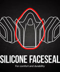 Diagram of Advanced Comfort Reusable Respirator Kit 7512P1-DC OV P95 with silicone faceseal detail highlighted in red.