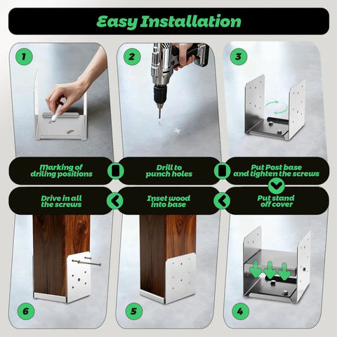Installation guide for Heavy Duty 4x4 Post Base Bracket Set Stainless Steel Adjustable Anchor Plate For Deck Porch Handrails Railing Support 2 Pack Internal 3.75 x 3.5 Inch Fits 4x4 Posts, showing six steps including marking, drilling, aligning, and securing.