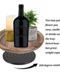Solid Wood Lazy Susan Set Big Round Serving Tray With Hella Smooth Ball Bearing Turntable Base For Kitchen Counter and Dinner Party Centerpiece with wine bottle, candle, and plant.