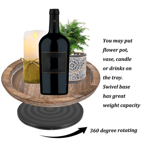 Solid Wood Lazy Susan Set Big Round Serving Tray With Hella Smooth Ball Bearing Turntable Base For Kitchen Counter and Dinner Party Centerpiece with wine bottle, candle, and plant.