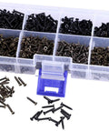 Top Shelf M2 Micro Screw Assortment With Cross Recessed Flat Head Tapping Fasteners In Black Oxide And Bronze Offering 1600 Pieces in storage box.