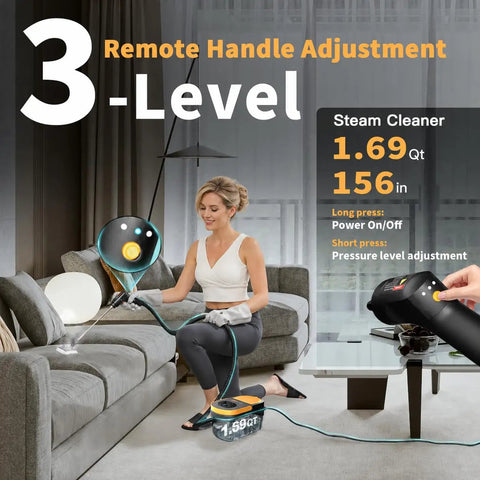 GLAMMAGIC Steam Cleaner With Adjustable Handle And 15 Accessories For Deep Cleaning Floors, Carpets, And Hard Surface Surfaces At Home with user adjusting pressure.