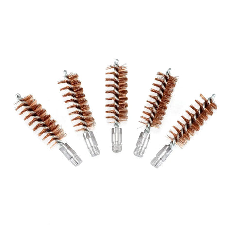 Five Pack Phosphor Bronze Bore Brushes For Pistols And Shotguns With Fifty Patches Multi Caliber Cleaning Kit on white background