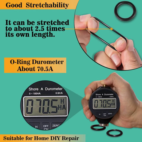 1020 Piece O Ring Kit With 20 Sizes Nitrile Rubber O Rings 1mm To 25mm Inner Diameter, stretchability demo and 70.5A Durometer display