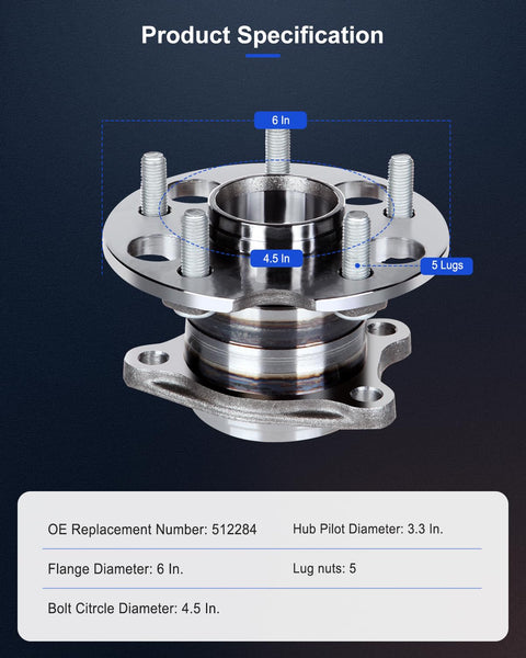 Rear Wheel Hub Bearing Assembly For AWD Ready To Roll Fits Lexus RX330 2004 To 2006 RX350 2007 To 2009 RX400h 2006 To 2008 Highlander 2004 To 2013 Venza 2009 To 2013 5 Lug 512284 Without ABS, 5-lug design with specifications shown.