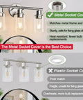 Comparison of 3 Light Brushed Nickel Vanity Light Fixture With Clear Glass Shades; metal vs plastic socket cover.